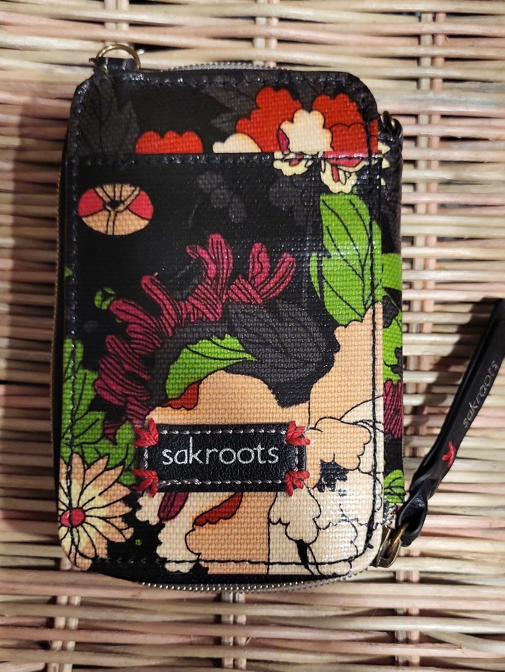 Sakroots Black Floral Zipper Phone Wallet Case with Green & Red Accents